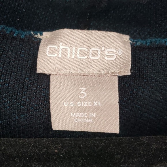 Chico's Scroll Print Sweater Cardigan Womens XL 3 Black Teal Blue Longline Tunic - Picture 5 of 12